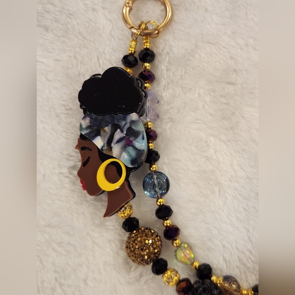 Colorful Beaded Bag Chain with African American Woman Pendant Bag Charm - Picture 5 of 6